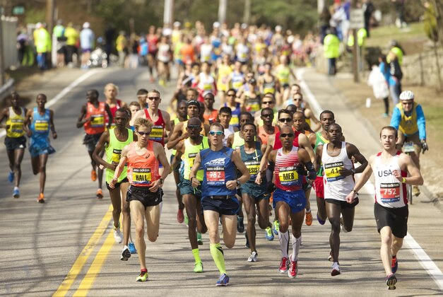 Apr 21, 2014; Boston, MA, USA; Elite runners including Ryan Hall and Meb Keflezighi race during the 2014 Boston Marathon. Mandatory Credit: David Butler II-USA TODAY Sports