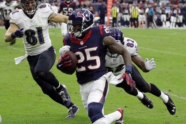 Houston Texans cornerback Kareem Jackson (25) runs back an interception as Baltimore Ravens tight end Owen Daniels (81) and wide receiver Torrey Smith (82) defend during the second half of an NFL football game Sunday, Dec. 21, 2014, in Houston. (AP Photo/David J. Phillip)