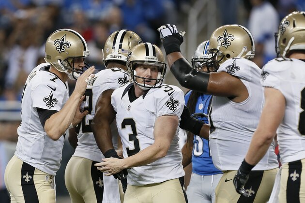 New Orleans Saints kicker Shayne Graham (3) celebrates a field goal with teammates against the Detroit Lions during a NFL football game in Detroit Sunday, Oct. 19, 2014. (AP Photo/Paul Sancya)
