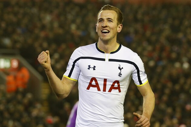 Tottenham's Harry Kane celebrates scoring during the English Premier League soccer match between Liverpool and Tottenham Hotspur at Anfield Stadium, Liverpool, England, Tuesday Feb. 10, 2015. (AP Photo/Jon Super)