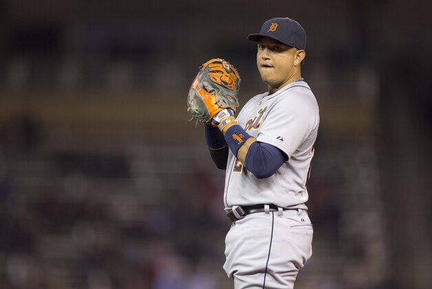 Sep 17, 2014; Minneapolis, MN, USA; Detroit Tigers first baseman Miguel Cabrera (24) looks on during the fourth inning against the Minnesota Twins at Target Field. Mandatory Credit: Jesse Johnson-USA TODAY Sports