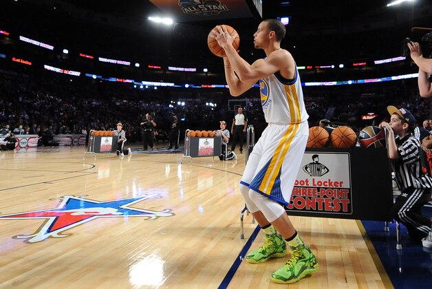 NEW ORLEANS, LA - FEBRUARY 15:  Stephen Curry #30 of the Golden State Warriors participates in the Foot Locker Three-Point Contest on State Farm All-Star Saturday Night as part of the 2014 All-Star Weekend at Smoothie King Center on February 15, 2014 in New Orleans, Louisiana. NOTE TO USER: User expressly acknowledges and agrees that, by downloading and/or using this photograph, user is consenting to the terms and conditions of the Getty Images License Agreement.  Mandatory Copyright Notice: Copyright 2014 NBAE (Photo by Noah Graham/NBAE via Getty Images)