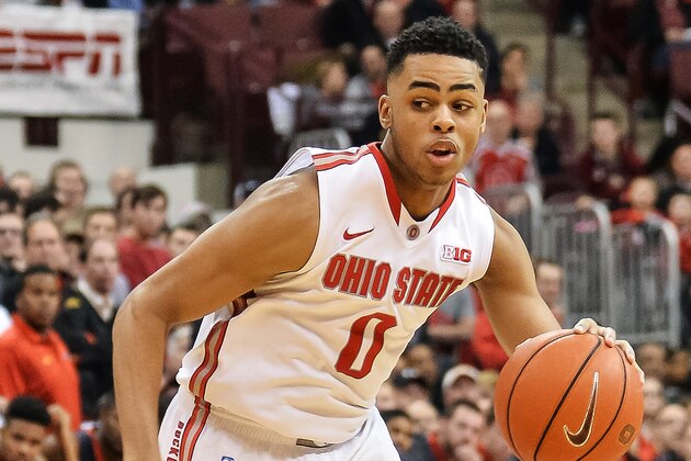 COLUMBUS, OH - JANUARY 29:  DAngelo Russell #0 of the Ohio State Buckeyes controls the ball against the Maryland Terrapins on January 29, 2015 at Value City Arena in Columbus, Ohio.  (Photo by Jamie Sabau/Getty Images)