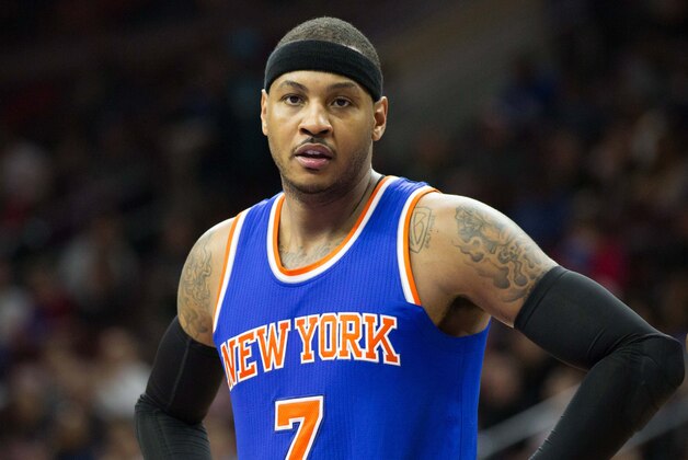 Jan 21, 2015; Philadelphia, PA, USA; New York Knicks forward Carmelo Anthony (7) in a game against the Philadelphia 76ers at Wells Fargo Center. The Knicks defeated the 76ers 98-91. Mandatory Credit: Bill Streicher-USA TODAY Sports