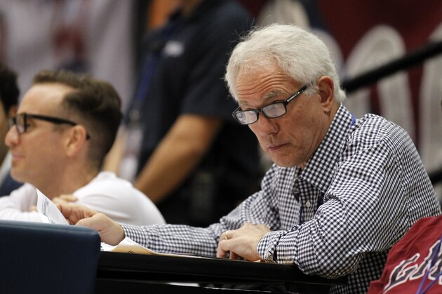 Los Angeles Lakers general manager Mitch Kupchak attends an NCAA college basketball game between between Loyola Marymount and the BYU in Los Angeles, Saturday, Feb. 7, 2015. BYU won 87-68. (AP Photo/Alex Gallardo)