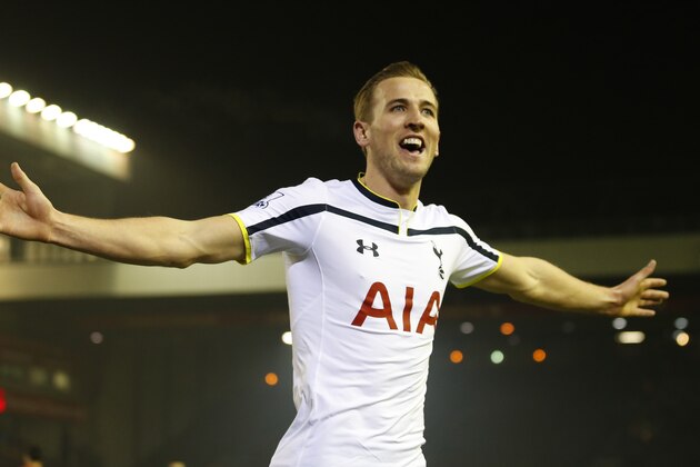 Tottenham's Harry Kane celebrates scoring during the English Premier League soccer match between Liverpool and Tottenham Hotspur at Anfield Stadium, Liverpool, England, Tuesday Feb. 10, 2015. (AP Photo/Jon Super)