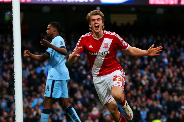 MANCHESTER, ENGLAND - JANUARY 24:  Patrick Bamford of Middlesbrough celebrates after scoring the opening goal during the FA Cup Fourth Round match between Manchester City and Middlesbrough at Etihad Stadium on January 24, 2015 in Manchester, England.  (Photo by Alex Livesey/Getty Images)