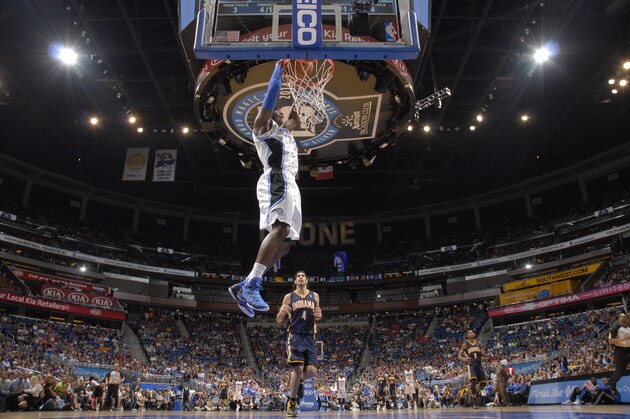 ORLANDO, FL - APRIL 16: Victor Oladipo #5 of the Orlando Magic dunks against the Indiana Pacers on April 16, 2014 at Amway Center in Orlando, Florida. NOTE TO USER: User expressly acknowledges and agrees that, by downloading and or using this photograph, User is consenting to the terms and conditions of the Getty Images License Agreement. Mandatory Copyright Notice: Copyright 2014 NBAE  (Photo by Fernando Medina/NBAE via Getty Images)