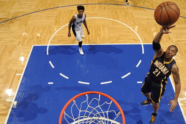 ORLANDO, FL - JANUARY 25: David West #21 of the Indiana Pacers goes up for a shot against the Orlando Magic on January 25, 2015 at Amway Center in Orlando, Florida. NOTE TO USER: User expressly acknowledges and agrees that, by downloading and or using this photograph, User is consenting to the terms and conditions of the Getty Images License Agreement. Mandatory Copyright Notice: Copyright 2014 NBAE (Photo by Fernando Medina/NBAE via Getty Images)
