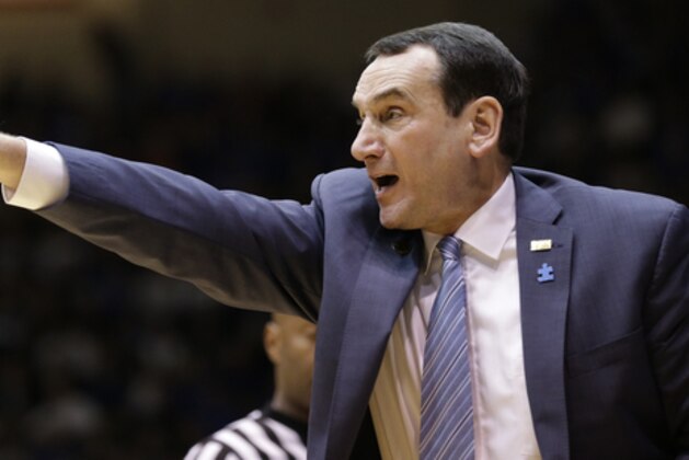 Duke coach Mike Krzyzewski directs his team during the second half of an NCAA college basketball game against Notre Dame's in Durham, N.C., Saturday, Feb. 7, 2015. Duke won 90-60. (AP Photo/Gerry Broome)
