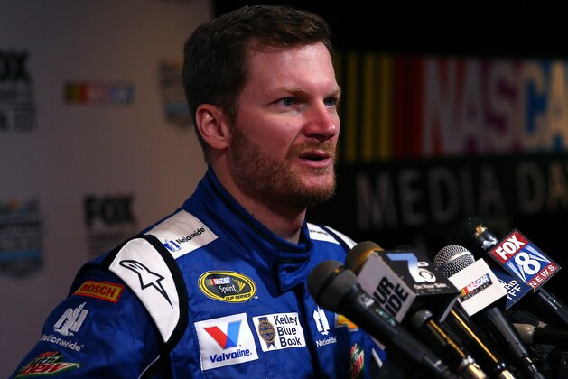 DAYTONA BEACH, FL - FEBRUARY 12:  NASCAR Sprint Cup Series driver Dale Earnhardt Jr. speaks to the media during the 2015 NASCAR Media Day at Daytona International Speedway on February 12, 2015 in Daytona Beach, Florida.  (Photo by Maddie Meyer/Getty Images)