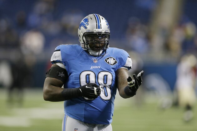 Detroit Lions defensive tackle Nick Fairley is seen during warmups before an NFL football game against the New Orleans Saints in Detroit, Sunday, Oct. 19, 2014. (AP Photo/Carlos Osorio)