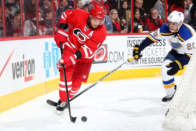 RALEIGH, NC - JANUARY 30: Alexander Steen #20 of the St. Louis Blues pursues Andrej Sekera #4 of the Carolina Hurricanes as he carries the puck around the back of the net during their NHL game at PNC Arena on January 30, 2015 in Raleigh, North Carolina.  (Photo by Gregg Forwerck/NHLI via Getty Images)