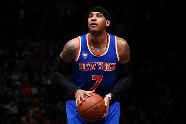 NEW YORK, NY - FEBRUARY 6:  Carmelo Anthony #7 of the New York Knicks prepares to shoot a free throw against the Brooklyn Nets on February 6, 2015 at the Barclays Center in the Brooklyn borough of New York City. NOTE TO USER: User expressly acknowledges and agrees that, by downloading and or using this Photograph, user is consenting to the terms and conditions of the Getty Images License Agreement. Mandatory Copyright Notice: Copyright 2015 NBAE (Photo by Nathaniel S. Butler/NBAE via Getty Images)