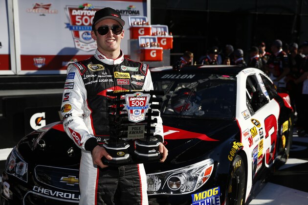 DAYTONA BEACH, FL - FEBRUARY 16:  Austin Dillon, driver of the #3 DOW Chevrolet, celebrates in Victory Lane after winning pole position for the NASCAR Sprint Cup Series Daytona 500 at Daytona International Speedway on February 16, 2014 in Daytona Beach, Florida.  (Photo by Tom Pennington/Getty Images)
