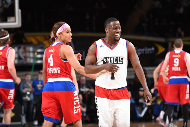 NEW YORK, NY - FEBRUARY 13: Kevin Hart and Skylar Diggins of the Tulsa Shock look on during the Sprint NBA All-Star Celebrity Game as part of 2015 All-Star Weekend at Madison Square Garden on February 13, 2015 in New York, New York. NOTE TO USER: User expressly acknowledges and agrees that, by downloading and/or using this photograph, user is consenting to the terms and conditions of the Getty Images License Agreement.  Mandatory Copyright Notice: Copyright 2015 NBAE (Photo by Brian Babineau/NBAE via Getty Images)
