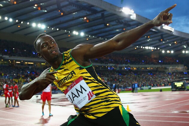 GLASGOW, SCOTLAND - AUGUST 02:  Usain Bolt of Jamaica celebrates winning gold in the MenÂs 4x100 metres relay final at Hampden Park during day ten of the Glasgow 2014 Commonwealth Games on August 2, 2014 in Glasgow, United Kingdom.  (Photo by Ian Walton/Getty Images)