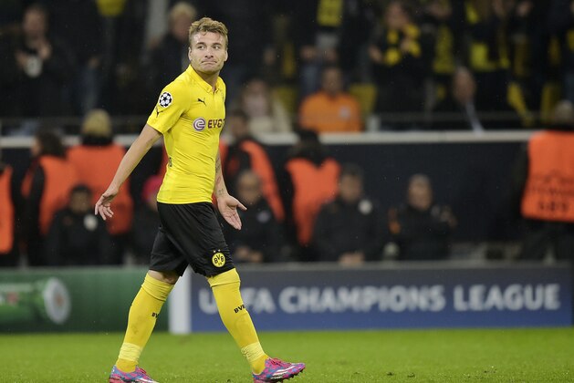 Dortmund's Ciro Immobile smiles during the Champions League group D soccer match between Borussia Dortmund and Galatasaray Istanbul in Dortmund, Germany, Tuesday, Nov.4, 2014. (AP Photo/Martin Meissner)