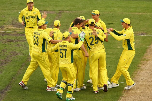 MELBOURNE, AUSTRALIA - FEBRUARY 14: Mitch Marsh and Aaron Finch of Australia celebrate with team mates after they combined to dismiss Gary Ballance of England during the 2015 ICC Cricket World Cup match between England and Australia at Melbourne Cricket Ground on February 14, 2015 in Melbourne, Australia. (Photo by Robert Cianflone/Getty Images) MELBOURNE, AUSTRALIA - FEBRUARY 14: Mitch Marsh and Aaron Finch of Australia celebrate with team mates after they combined to dismiss Gary Ballance of England during the 2015 ICC Cricket World Cup match between England and Australia at Melbourne Cricket Ground on February 14, 2015 in Melbourne, Australia. (Photo by Robert Cianflone/Getty Images)