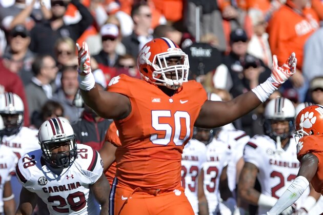 Clemson's Grady Jarrett reacts after a play during the first half of an NCAA college football game against South Carolina in Clemson, S.C.,  Saturday, Nov. 29, 2014. Clemson won 35-17. (AP Photo/Richard Shiro)