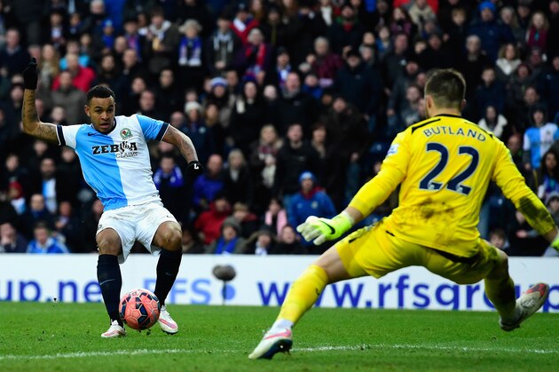 BLACKBURN, ENGLAND - FEBRUARY 14:  Stoke goalkeeper Jack Butland is beaten by a shot from Josh King of Blackburn to score their third goal during the FA Cup Fifth round match between Blackburn Rovers and Stoke City at Ewood park on February 14, 2015 in Blackburn, England.  (Photo by Stu Forster/Getty Images)