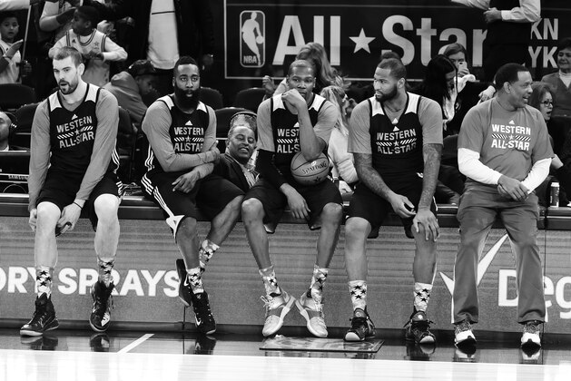 NEW YORK, NY - FEBRUARY 14:  Marc Gasol #33, James Harden #13, Kevin Durant #35, and DeMarcus Cousins #15, look on during All-Star Practice as part of 2015 All-Star Weekend at Madison Square Garden on February 14, 2015 in New York, New York. NOTE TO USER: User expressly acknowledges and agrees that, by downloading and/or using this photograph, user is consenting to the terms and conditions of the Getty Images License Agreement.  Mandatory Copyright Notice: Copyright 2015 NBAE (Photo by Brian Babineau/NBAE via Getty Images)