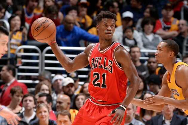 LOS ANGELES, CA - JANUARY 29: Jimmy Butler #21 of the Chicago Bulls handles the ball against the Los Angeles Lakers at STAPLES Center on January 29, 2015 in Los Angeles, California. NOTE TO USER: User expressly acknowledges and agrees that, by downloading and/or using this Photograph, user is consenting to the terms and conditions of the Getty Images License Agreement. Mandatory Copyright Notice: Copyright 2015 NBAE (Photo by Andrew D. Bernstein/NBAE via Getty Images)