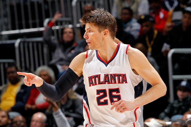 ATLANTA, GA - JANUARY 25:  Kyle Korver #26 of the Atlanta Hawks reacts after shooting a three-point basket against the Minnesota Timberwolves at Philips Arena on January 25, 2015 in Atlanta, Georgia.  NOTE TO USER: User expressly acknowledges and agrees that, by downloading and or using this photograph, User is consenting to the terms and conditions of the Getty Images License Agreement.  (Photo by Kevin C. Cox/Getty Images)
