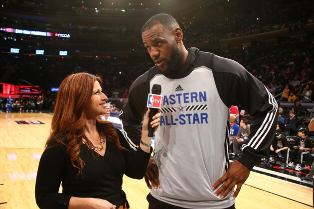 NEW YORK, NY - FEBRUARY 14: NBA TV host Rachel Nichols interviews LeBron James of the Eastern Conference All-Stars during NBA All-Star Practice as part of 2015 All-Star Weekend at Madison Square Garden on February 14, 2015 in New York, New York. NOTE TO USER: User expressly acknowledges and agrees that, by downloading and/or using this photograph, user is consenting to the terms and conditions of the Getty Images License Agreement.  Mandatory Copyright Notice: Copyright 2015 NBAE (Photo by Nathaniel S. Butler/NBAE via Getty Images)