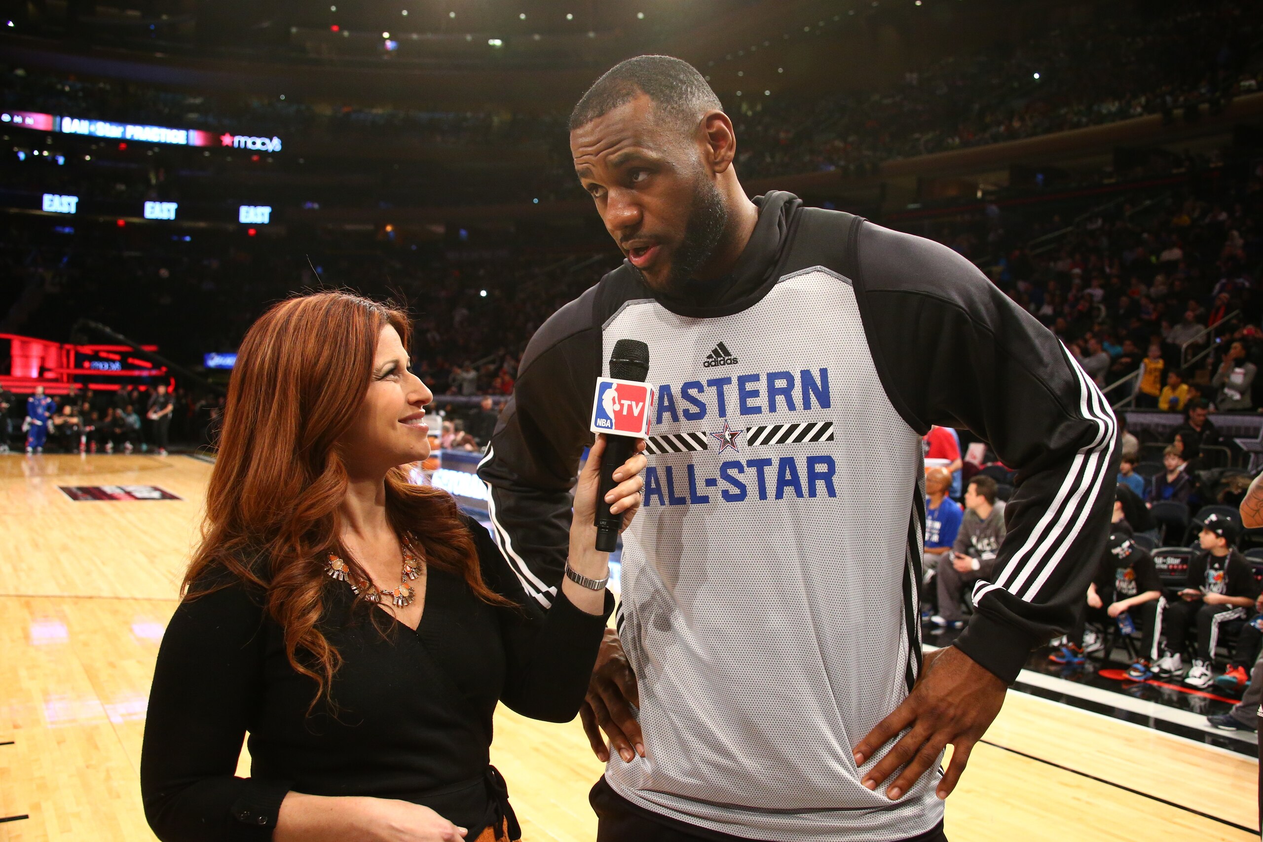 NEW YORK, NY - FEBRUARY 14: NBA TV host Rachel Nichols interviews LeBron James of the Eastern Conference All-Stars during NBA All-Star Practice as part of 2015 All-Star Weekend at Madison Square Garden on February 14, 2015 in New York, New York. NOTE TO USER: User expressly acknowledges and agrees that, by downloading and/or using this photograph, user is consenting to the terms and conditions of the Getty Images License Agreement.  Mandatory Copyright Notice: Copyright 2015 NBAE (Photo by Nathaniel S. Butler/NBAE via Getty Images)