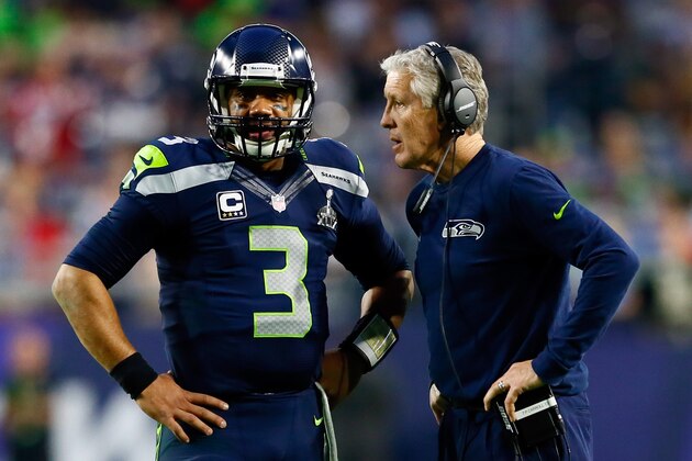 GLENDALE, AZ - FEBRUARY 01:  Head coach Pete Carroll of the Seattle Seahawks talks to Russell Wilson #3 of the Seattle Seahawks in the second quarter during Super Bowl XLIX at University of Phoenix Stadium on February 1, 2015 in Glendale, Arizona.  (Photo by Kevin C. Cox/Getty Images)