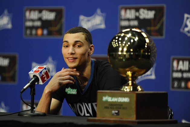 BROOKLYN, NY - FEBRUARY 14:  Zach LaVine of the Minnesota Timberwolves talks to the media after winning the Sprite Slam Dunk Contest on State Farm All-Star Saturday Night as part of the 2015 NBA All-Star Weekend on February 14, 2015 at Barclays Center in Brooklyn, New York. NOTE TO USER: User expressly acknowledges and agrees that, by downloading and/or using this photograph, user is consenting to the terms and conditions of the Getty Images License Agreement.  Mandatory Copyright Notice: Copyright 2015 NBAE (Photo by Juan Ocampo/NBAE via Getty Images)