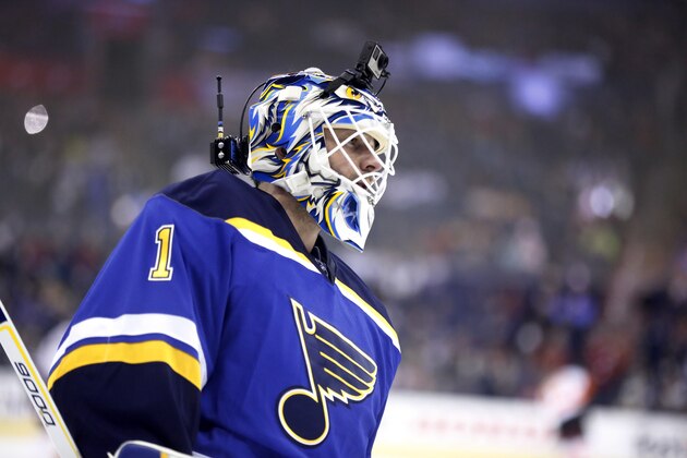 St. Louis Blues goalie Brian Elliott wears a camera on his helmet during warm ups before the NHL All-Star hockey skills competition in Columbus, Ohio, Saturday, Jan. 24, 2015. (AP Photo/Gene J. Puskar)