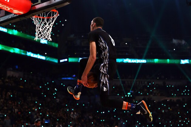 NEW YORK, NY - FEBRUARY 14:  Zach LaVine #8 of the Minnesota Timberwolves competes during the Sprite Slam Dunk Contest as part of the 2015 NBA Allstar Weekend at Barclays Center on February 14, 2015 in the Brooklyn borough of New York City. NOTE TO USER: User expressly acknowledges and agrees that, by downloading and or using this photograph, User is consenting to the terms and conditions of the Getty Images License Agreement.  (Photo by Elsa/Getty Images)