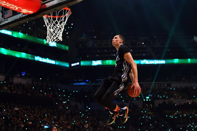 NEW YORK, NY - FEBRUARY 14:  Zach LaVine #8 of the Minnesota Timberwolves competes during the Sprite Slam Dunk Contest as part of the 2015 NBA Allstar Weekend at Barclays Center on February 14, 2015 in the Brooklyn borough of New York City. NOTE TO USER: User expressly acknowledges and agrees that, by downloading and or using this photograph, User is consenting to the terms and conditions of the Getty Images License Agreement.  (Photo by Elsa/Getty Images)