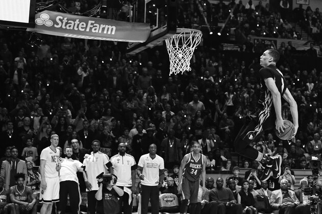 BROOKLYN, NY - FEBRUARY 14:  Zach LaVine #8 of the Minnesota Timberwolves makes a behind the back dunk during the Sprite Slam Dunk on State Farm All-Star Saturday Night as part of the 2015 NBA All-Star Weekend on February 14, 2015 at Barclays Center in Brooklyn, New York. NOTE TO USER: User expressly acknowledges and agrees that, by downloading and/or using this photograph, user is consenting to the terms and conditions of the Getty Images License Agreement.  Mandatory Copyright Notice: Copyright 2015 NBAE (Photo by Brian Babineau/NBAE via Getty Images)