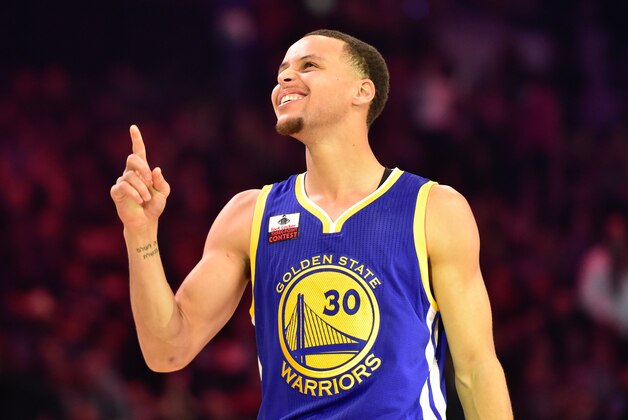 Feb 14, 2015; New York, NY, USA; Golden State Warriors guard Stephen Curry (30) celebrates during the 2015 NBA All Star Three Point Contest competition at Barclays Center. Mandatory Credit: Bob Donnan-USA TODAY Sports