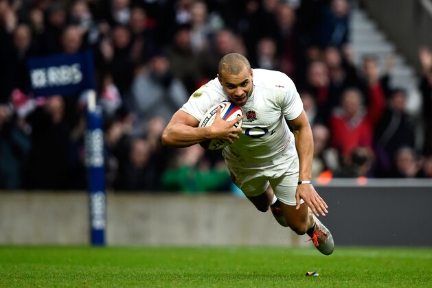 LONDON, ENGLAND - FEBRUARY 14:  Jonathan Joseph of England goes over to score his team's second try during the RBS Six Nations match between England and Italy at Twickenham Stadium on February 14, 2015 in London, England.  (Photo by Mike Hewitt/Getty Images)