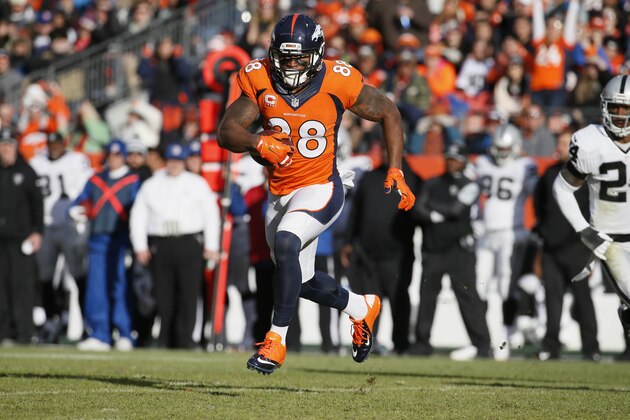 Denver Broncos wide receiver Demaryius Thomas (88) runs agains the Oakland Raiders during the first half of an NFL football game, Sunday, Dec. 28, 2014, in Denver. (AP Photo/Jack Dempsey)