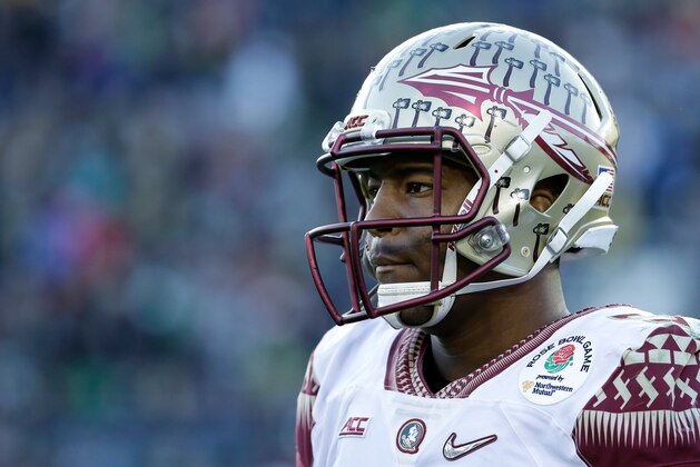 PASADENA, CA - JANUARY 01:  Quarterback Jameis Winston #5 of the Florida State Seminoles looks on during the College Football Playoff Semifinal against the Oregon Ducks at the Rose Bowl Game presented by Northwestern Mutual at the Rose Bowl on January 1, 2015 in Pasadena, California.  (Photo by Jeff Gross/Getty Images)