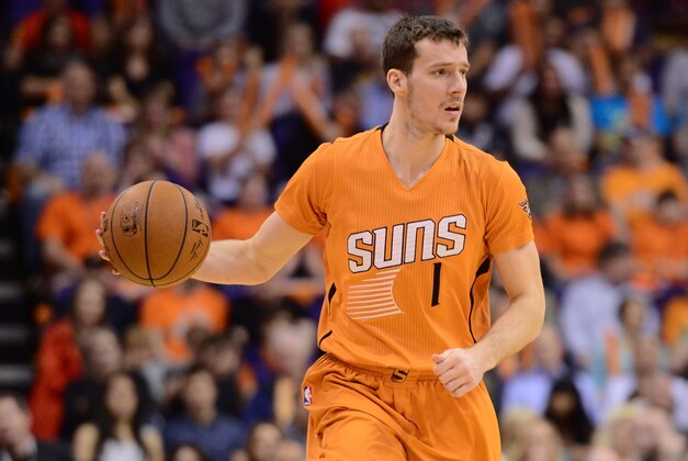 Feb 6, 2015; Phoenix, AZ, USA; Phoenix Suns guard Goran Dragic (1) dribbles against the Utah Jazz at US Airways Center. Mandatory Credit: Joe Camporeale-USA TODAY Sports