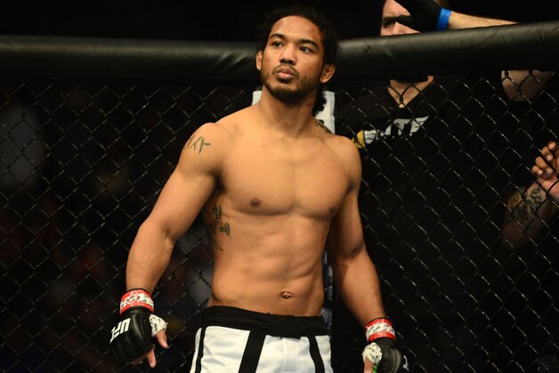 Feb 14, 2015; Broomfield, CO, USA; Benson Henderson (red) before the fight against Brandon Thatch (not pictured) in the welterweight bout at the UFC Fight Night at the 1stBANK Center. Mandatory Credit: Ron Chenoy-USA TODAY Sports