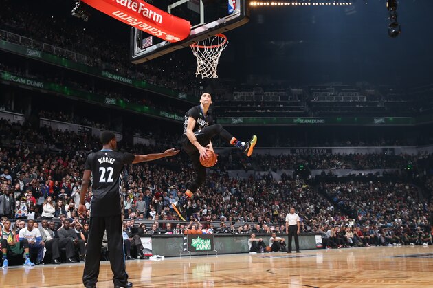 BROOKLYN, NY - FEBRUARY 14:  Zach LaVine #8 of the Minnesota Timberwolves dunks during the Sprite Slam Dunk Contest on State Farm All-Star Saturday Night as part of the 2015 NBA All-Star Weekend on February 14, 2015 at Barclays Center in Brooklyn, New York. NOTE TO USER: User expressly acknowledges and agrees that, by downloading and/or using this photograph, user is consenting to the terms and conditions of the Getty Images License Agreement.  Mandatory Copyright Notice: Copyright 2015 NBAE (Photo by Reid B. Kelley/NBAE via Getty Images)