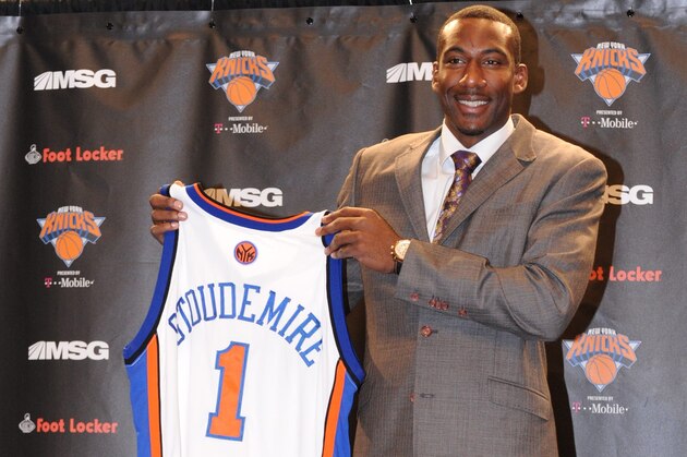 NEW YORK, NY - JULY 08: Amar'e Stoudemire #1 of the New York Knicks poses for a photo with his new jersey during a press conference on July 8, 2010 at Madison Square Garden in New York City.  NOTE TO USER: User expressly acknowledges and agrees that, by downloading and/or using this Photograph, User is consenting to the terms and conditions of the Getty Images License Agreement. Mandatory Copyright Notice: Copyright 2010 NBAE (Photo by Jennifer Pottheiser/NBAE via Getty Images)