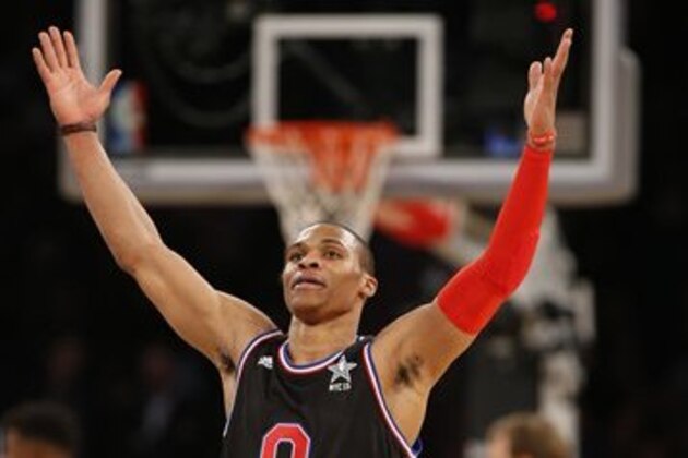 West Team’s Russell Westbrook, of the Oklahoma City Thunder, gestures during the second half of the NBA All-Star basketball game, Sunday, Feb. 15, 2015, in New York. (AP Photo/Kathy Willens)