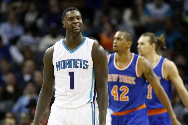 Charlotte Observer guard Lance Stephenson walks upcourt after committing a foul against the New York Knicks in an NBA basketball game Saturday, Jan. 24, 2015 in Charlotte, N.C. (AP Photo/Nell Redmond)