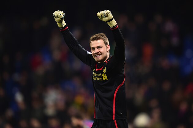 LONDON, ENGLAND - FEBRUARY 14:  Simon Mignolet of Liverpool celebrates victory after the FA Cup fifth round match between Crystal Palace and Liverpool at Selhurst Park on February 14, 2015 in London, England.  (Photo by Jamie McDonald/Getty Images)