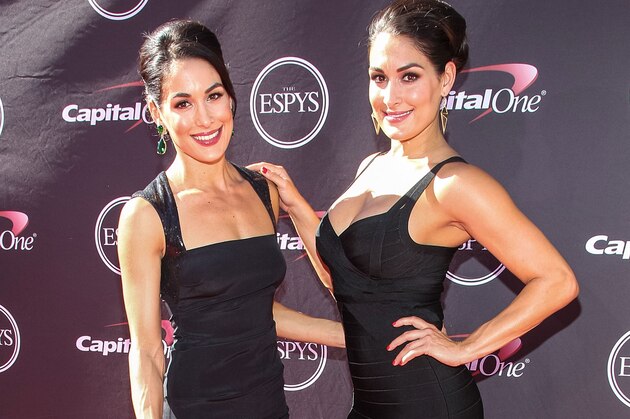 WWE Divas Brie Bella (L) and Nikki Bella aka the Bella Twins attend the 2013 ESPY Awards at Nokia Theatre L.A. Live on July 17, 2013 in Los Angeles, California.  (Photo by Paul A. Hebert/Invision/AP)