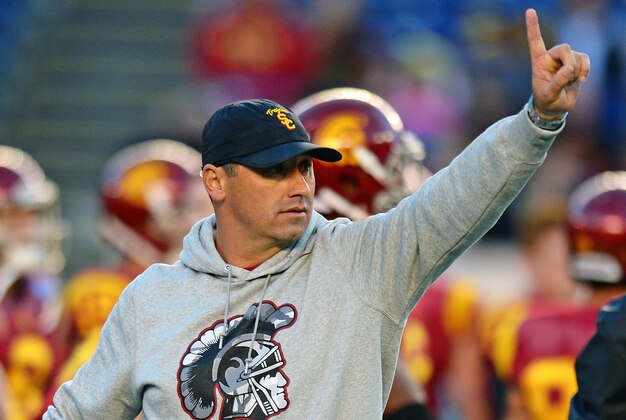 Dec 27, 2014; San Diego, CA, USA; USC Trojans head coach Steve Sarkisian gestures before the game against the Nebraska Cornhuskers in the 2014 Holiday Bowl at Qualcomm Stadium. Mandatory Credit: Jake Roth-USA TODAY Sports