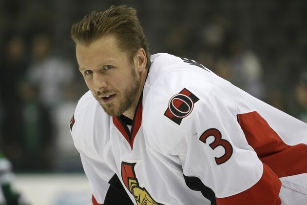 Ottawa Senators defenseman Marc Methot (3) skates during warm ups before an NHL hockey game Tuesday, Jan. 13, 2015, in Dallas. (AP Photo/LM Otero)